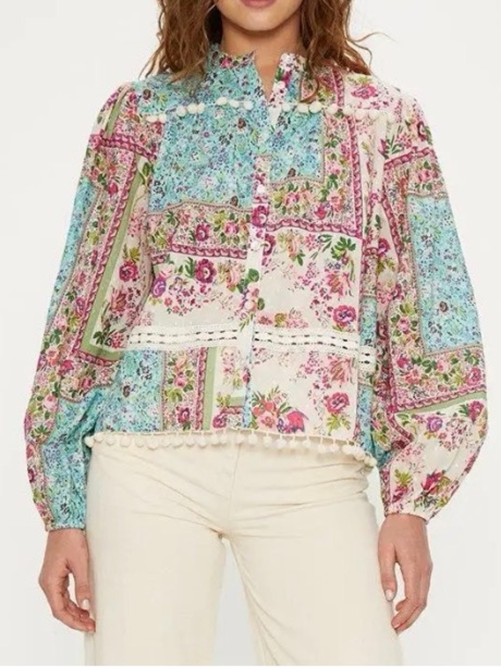 Oasis Printed Cotton Dobby Trim Blouse Sz US 12 Long Sleeve Buttons Floral